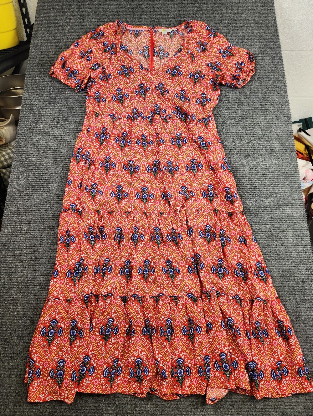 Boden Floral Print Tiered Midi Dress in Fire Poppy Bloom V Neck Puff Sleeve 12R